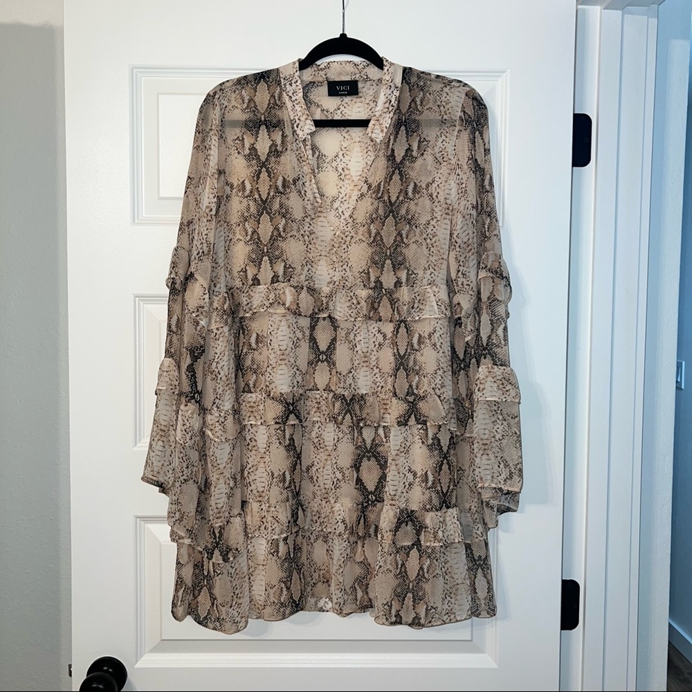 Vici Snakeskin Ruffle Long Sleeve Dress Size Large